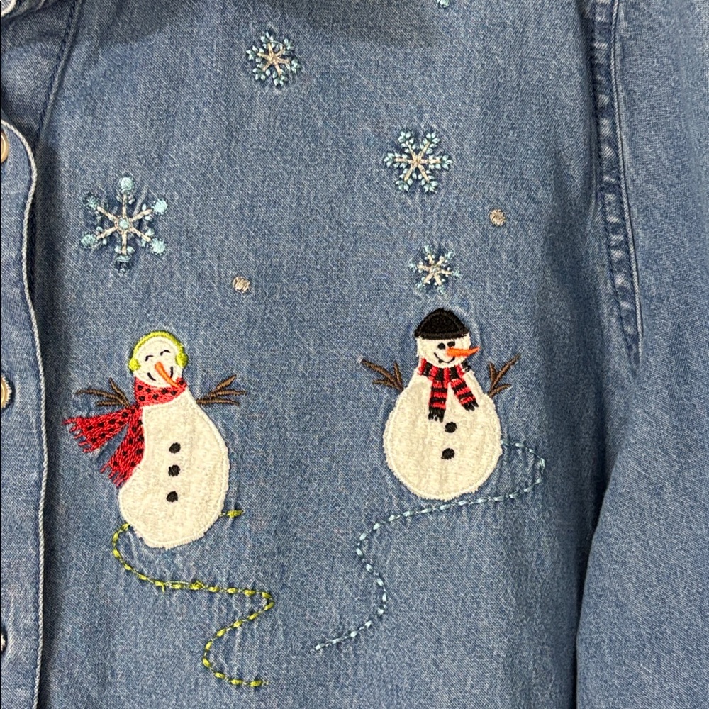 Vtg 90s Button Up Denim Shirt Snowmen Embroidery Women 2X Boho Holidays Novelty - Picture 7 of 9